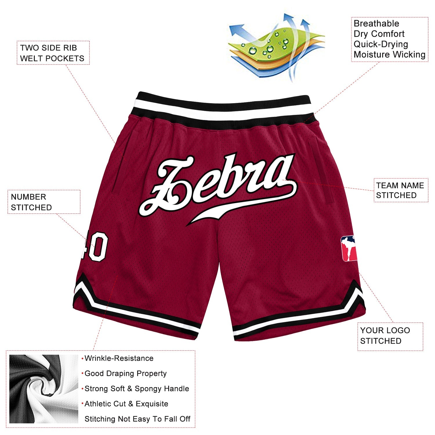 Custom Maroon White Black Basketball Shorts - 2