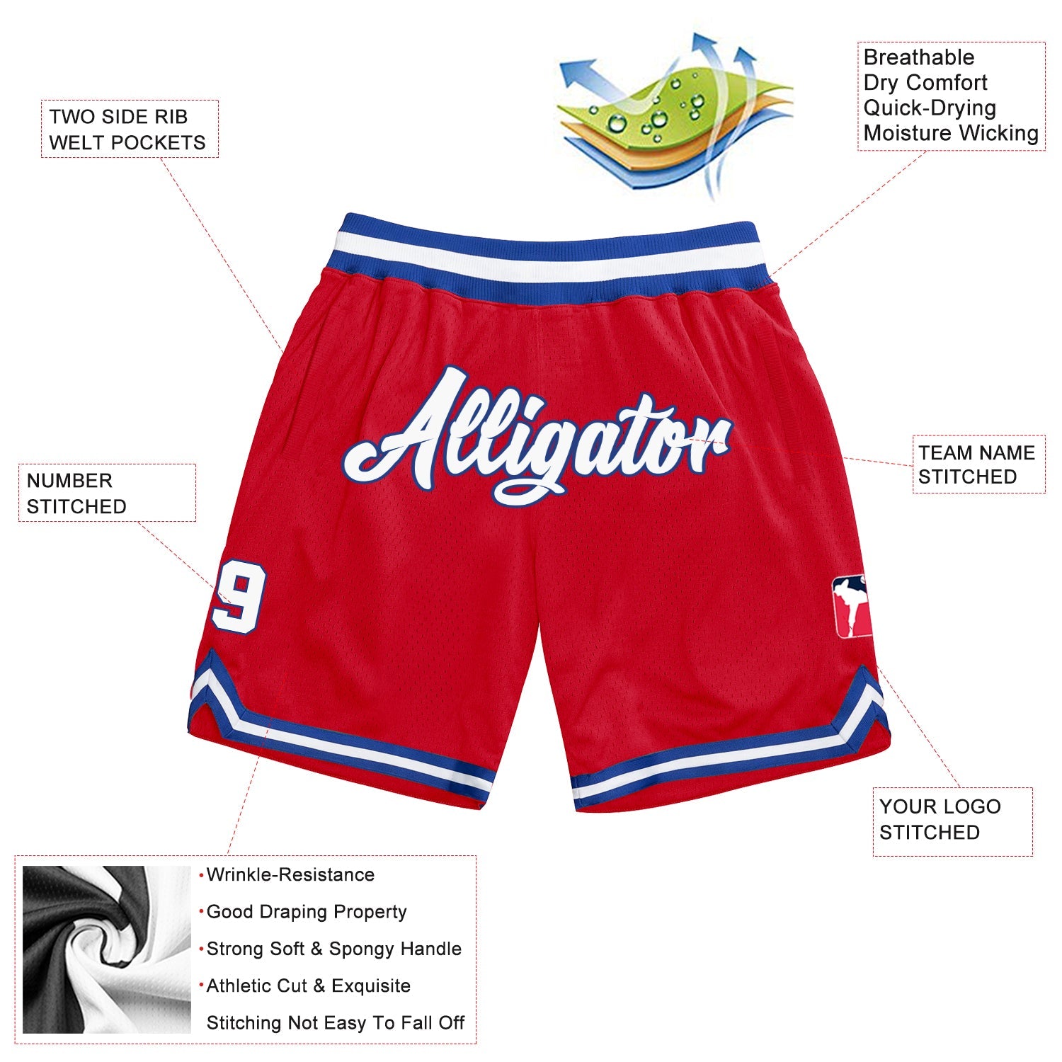 Custom Red White Royal Basketball Shorts - 2