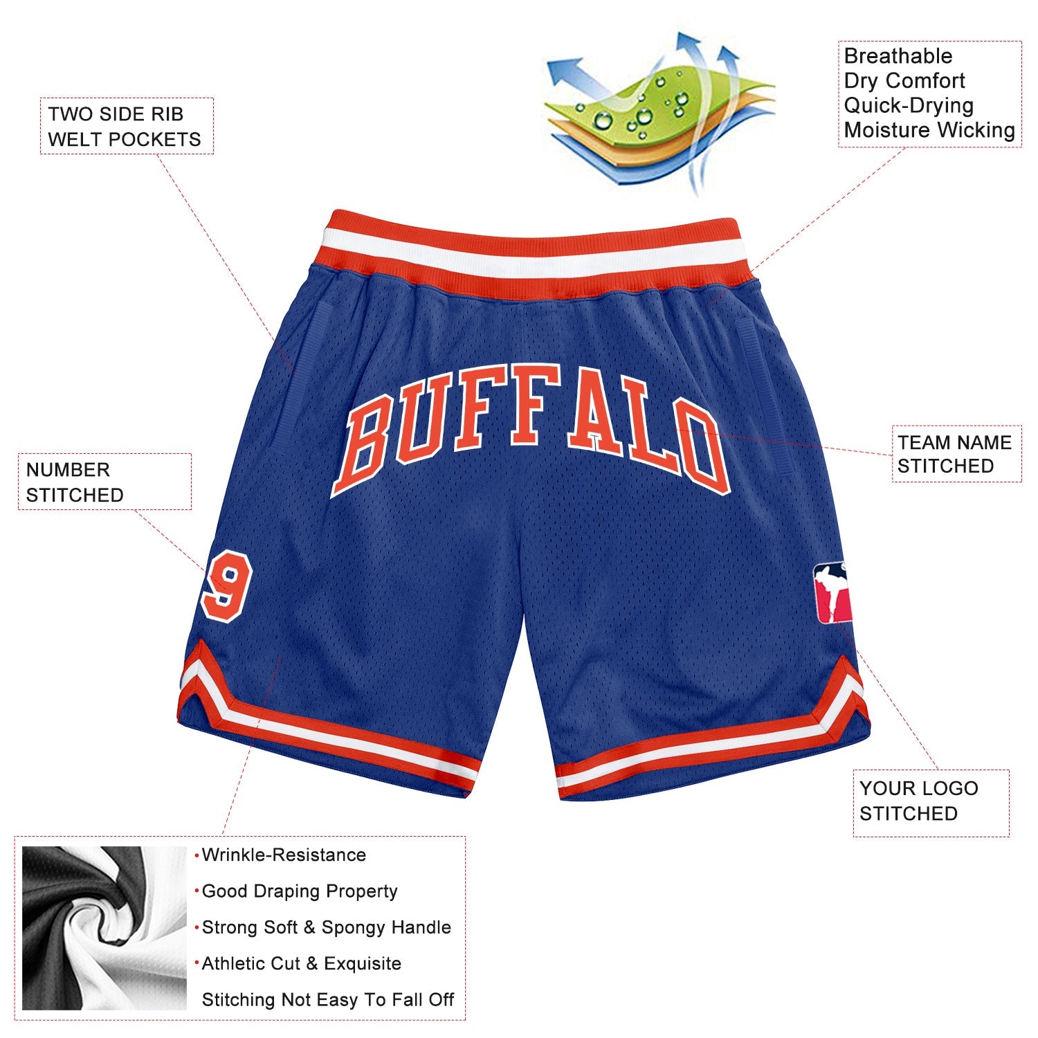Custom Royal Orange White Basketball Shorts - 2