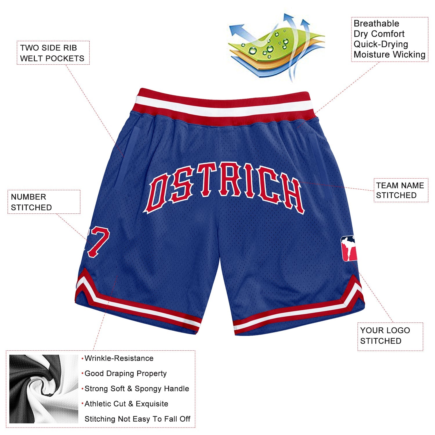 Custom Royal Red White Basketball Shorts - 2