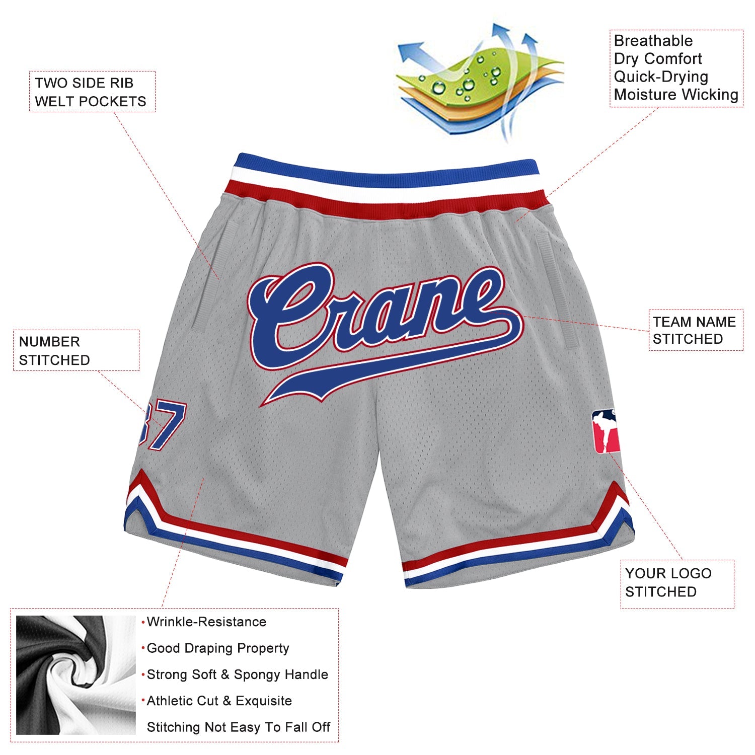 Custom Silver Gray Royal Red Basketball Shorts - 2